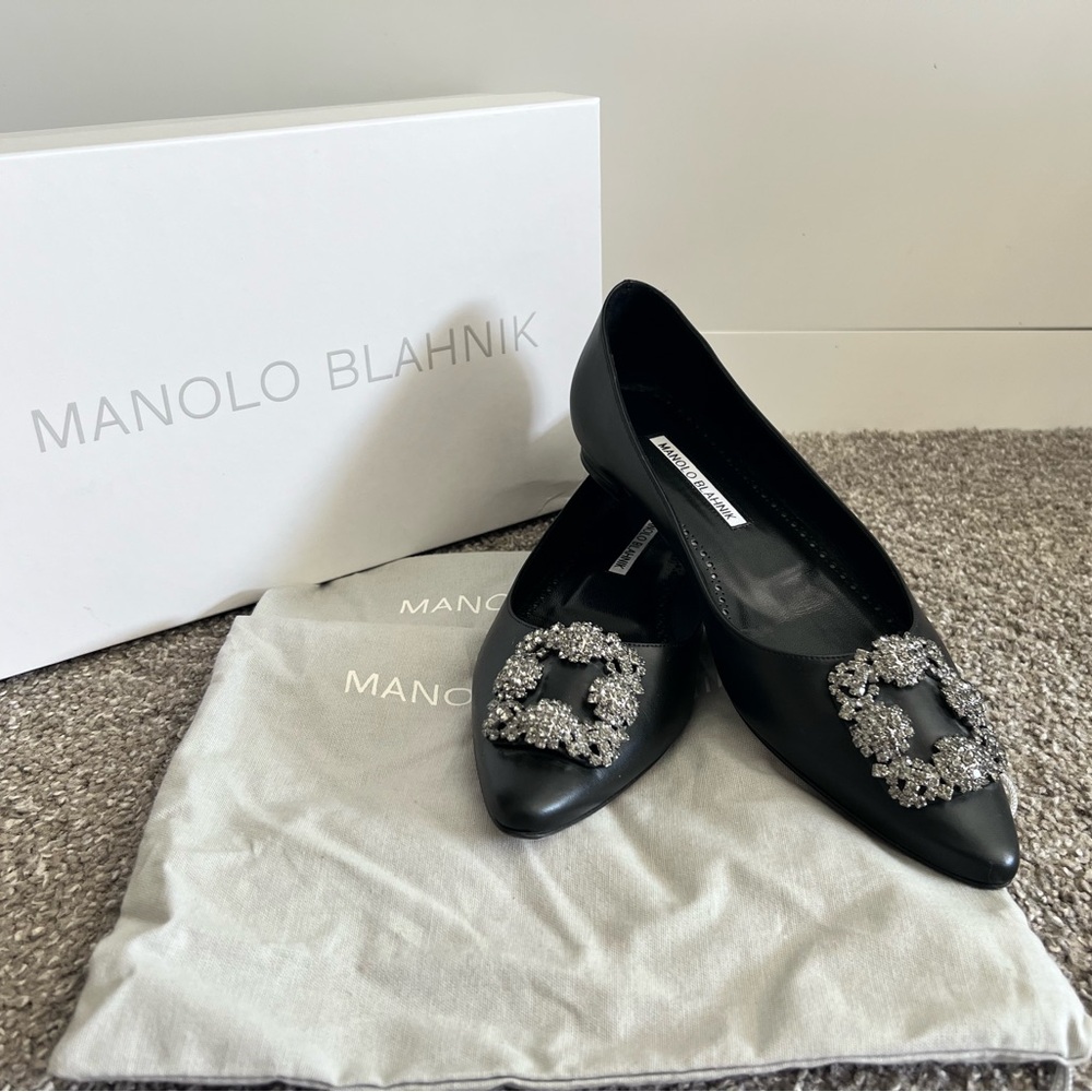 Manolo Blahnik Hangisi Black Calf Leather Jewel Buckle Flat Pumps